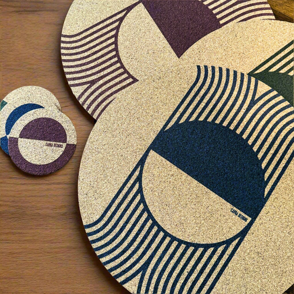 Cork coasters with geometric patterns on a wooden surface