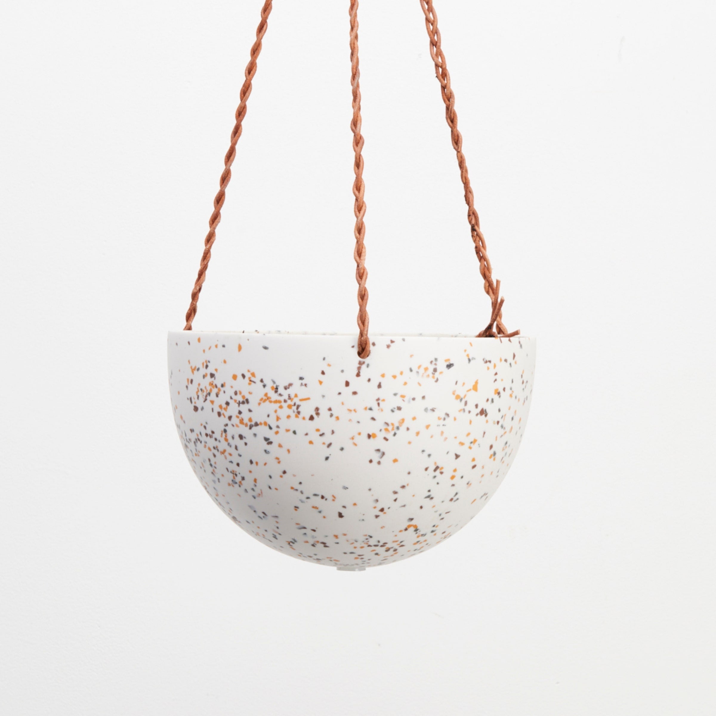 white terrazzo hanging pots