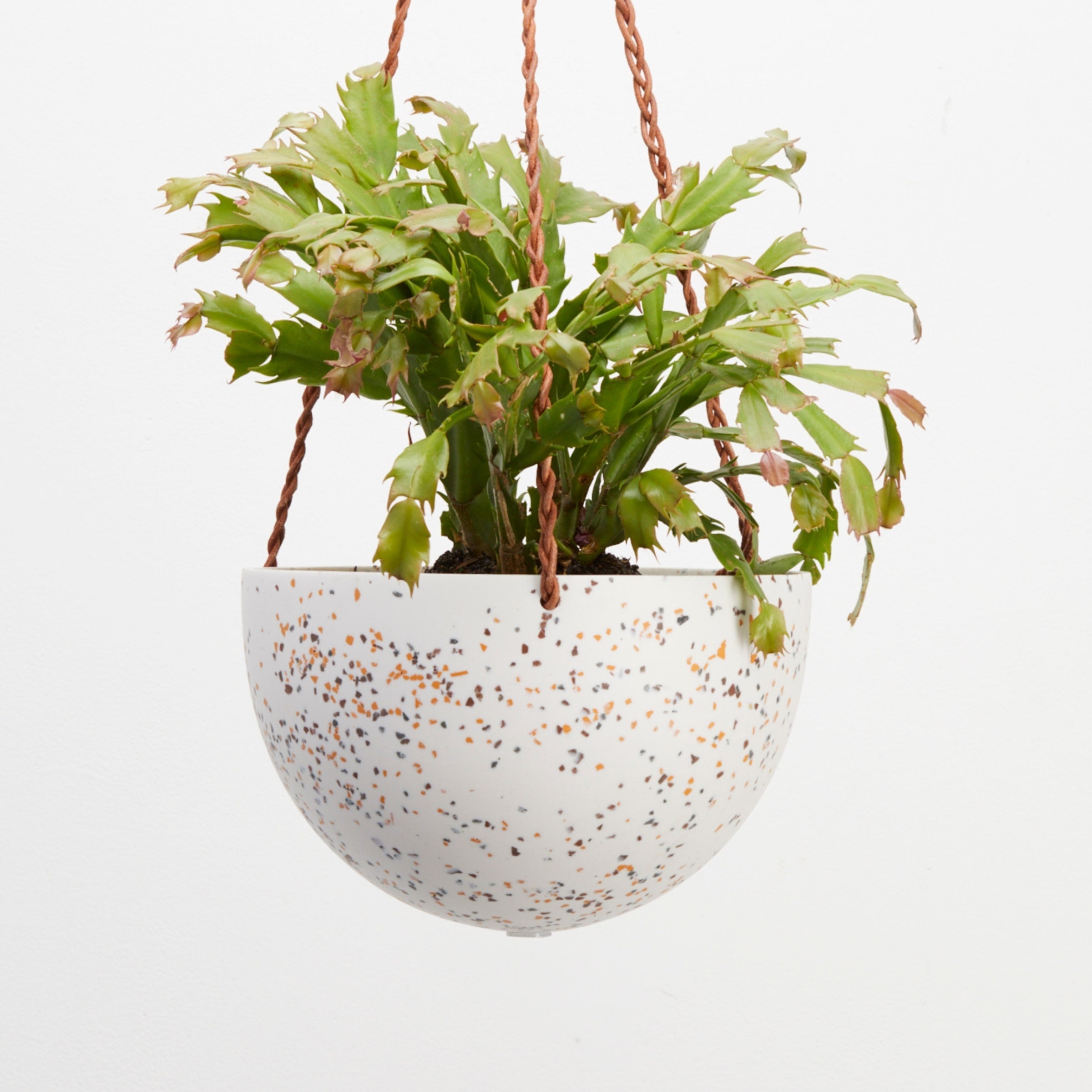 white terrazzo hanging planters